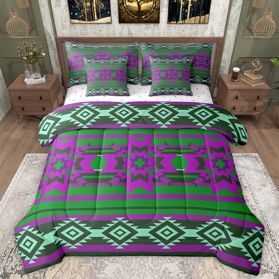 Manfei Southwestern Aztec Geometric 7-Piece Bedding Comforter Set,Rustic Western bohemian King Bedding Sets,Green Purple Bed Sheets For Adult,Microfiber Bedroom Decor Reversible