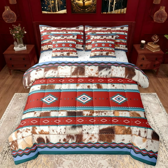 Manfei Southwestern Aztec Geometric 7pcs Bedding Comforter Set,Rustic Western Cattle Hide Queen Bedding Sets,Red Blue Stripe Triangle Queen Sheet Sets For Adult,Microfiber Bedroom Decor Reversible