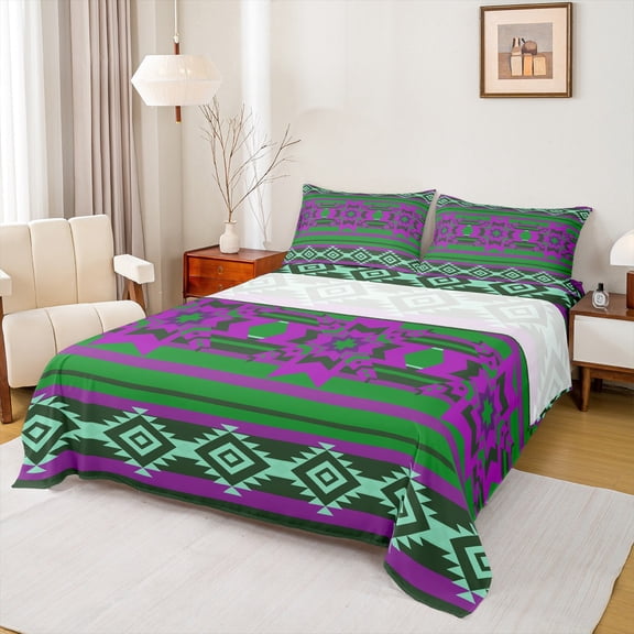 Manfei Southwestern Aztec Geometric Bed Sheets,Rustic Western bohemian King Sheets,Green Purple Sheet Set For Adult,Microfiber Bedroom Decor,4pcs