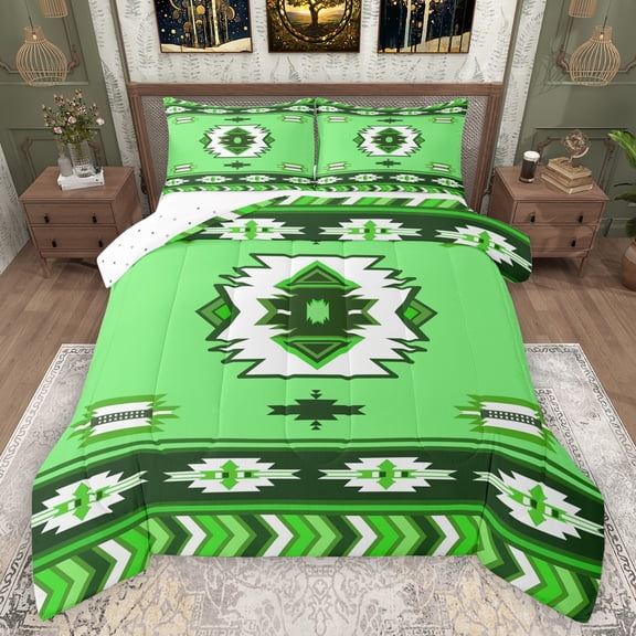 Manfei Southwestern Aztec Geometric Full Size Comforter Sets,Rustic Western bohemian Bedding Comforter Set,Green White Bedding Sets For Adult,Microfiber Bedroom Decor Reversible,3 Pieces
