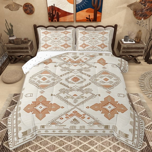 Manfei Southwestern Aztec Geometric Queen Comforter Set,Rustic Rhombus Flower Bedding Sets,Beige Brown Bedding Comforter Set For Kids,Super Cozy Room Decor Reversible,3pcs