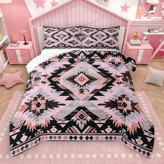 Manfei Southwestern Aztec Geometric Queen Comforter Set,Rustic Western Boho Bedding Sets,Pink Black Gray Bedding Comforter Set For Adult,Ultra Soft Home Decor Reversible,3 Pieces