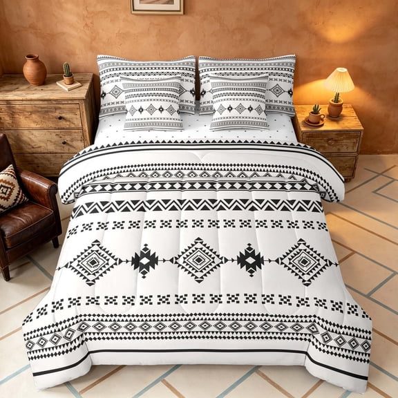 Manfei Southwestern Aztec Queen Bedding, Bohemian Black Beige Bedding Comforter Set Queen, Reversible 7-Piece