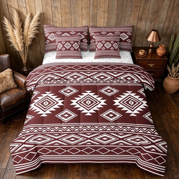 Manfei Southwestern Aztec Queen Bedding, Bohemian Maroon White Bedding Comforter Set Queen, Reversible 7pcs