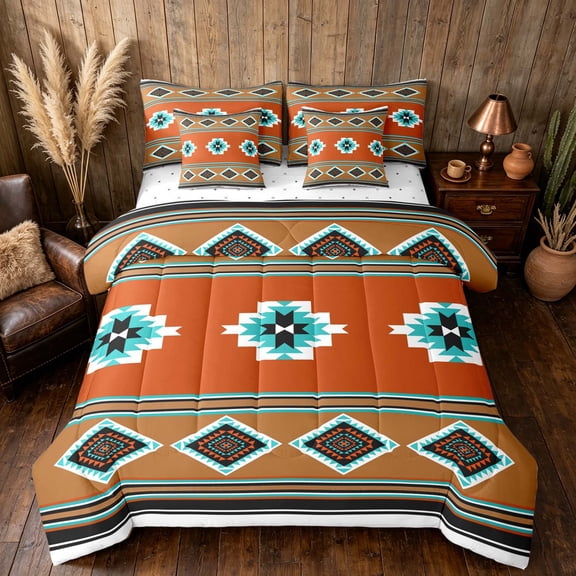 Manfei Southwestern Aztec Queen Bedding, Bohemian Rust Turquoise Bedding Comforter Set Queen, Reversible 7pcs