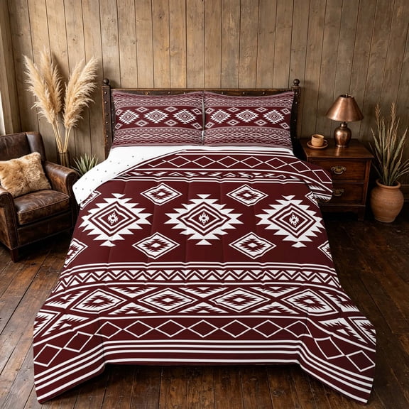 Manfei Southwestern Aztec Queen Comforter Set, Bohemian Maroon White Comforter Sets Queen, Reversible 3-Piece, 1 Comforter and 2 Pillowcases