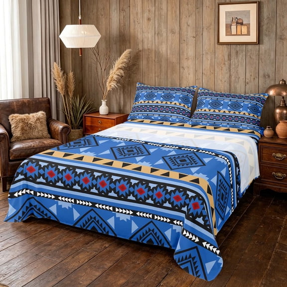 Manfei Southwestern Aztec Queen Sheets, , Blue Black Queen Sheet Sets, Black Reversible 4pcs1 Flat Sheet + 1 Fitted Sheet + 2 Pillowcases