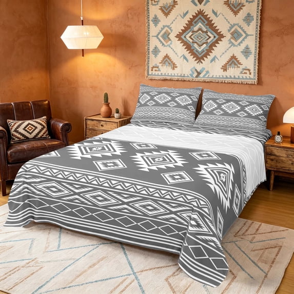 Manfei Southwestern Aztec Queen Sheets, Bohemian Gray White Queen Sheet Sets, Reversible 4pcs1 Flat Sheet + 1 Fitted Sheet + 2 Pillowcases