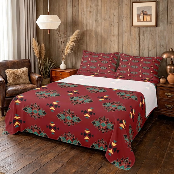 Manfei Southwestern Aztec Queen Sheets, Geometric Triangle Queen Sheet Sets, Red Teal Black, Black Reversible 4-Piece1 Flat Sheet + 1 Fitted Sheet + 2 Pillowcases