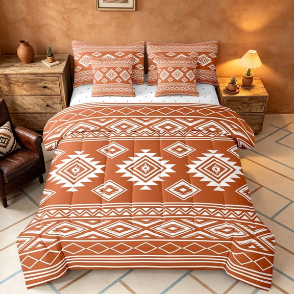 Manfei Southwestern Aztec Twin Bedding, Bohemian Rust White Bedding Comforter Set, Reversible 7-Piece