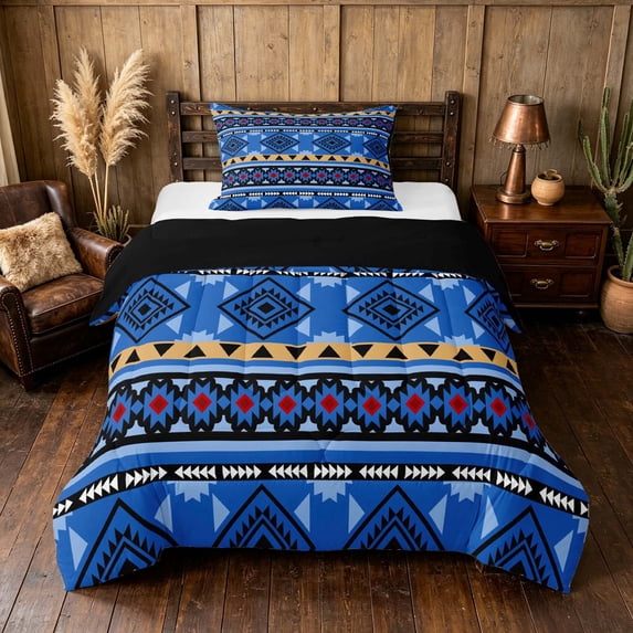 Manfei Southwestern Aztec Twin Comforter Sets, , Blue Black Bedding Set, Black Reversible 2pcs, 1 Comforter and 1 Pillowcase