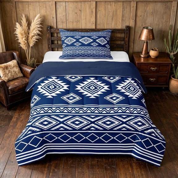 Manfei Southwestern Aztec Twin Comforter Sets, Bohemian Navy White Bedding Set, Navy Reversible 2-Piece, 1 Comforter and 1 Pillowcase