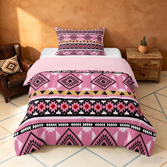 Manfei Southwestern Aztec Twin Comforter Sets, , Pink Black Bedding Set, Pink Reversible 2-Piece, 1 Comforter and 1 Pillowcase
