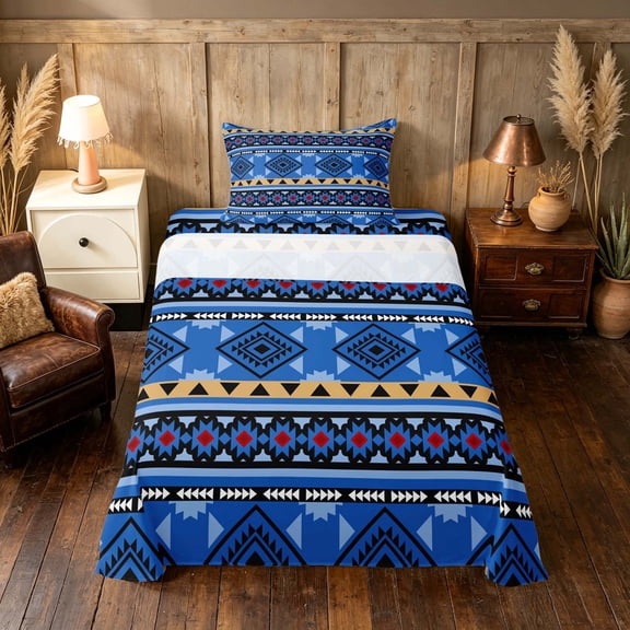 Manfei Southwestern Aztec Twin Sheets, , Blue Black Bedding, Black Reversible 3pcs1 Flat Sheet + 1 Fitted Sheet + 1 Pillowcase