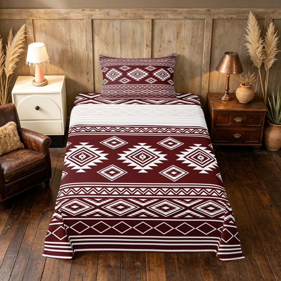 Manfei Southwestern Aztec Twin Sheets, Bohemian Maroon White Bedding, Reversible 3-Piece1 Flat Sheet + 1 Fitted Sheet + 1 Pillowcase
