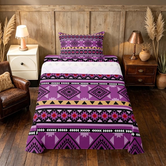 Manfei Southwestern Aztec Twin Sheets, , Purple Black Bedding, Black Reversible 3 Pieces1 Flat Sheet + 1 Fitted Sheet + 1 Pillowcase