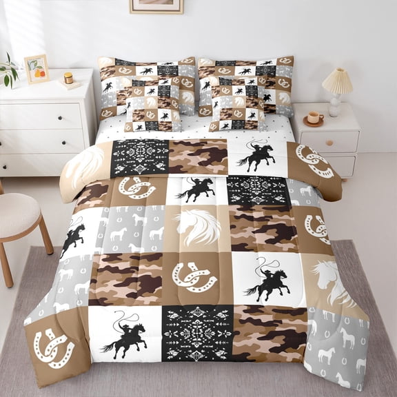 Manfei Southwestern Cowboy 7-Piece Bedding Comforter Set,Western Country Horse King Bedding Sets,Brown Gray White Bed Sheets For Boys Children,Ultra Soft Home Decor