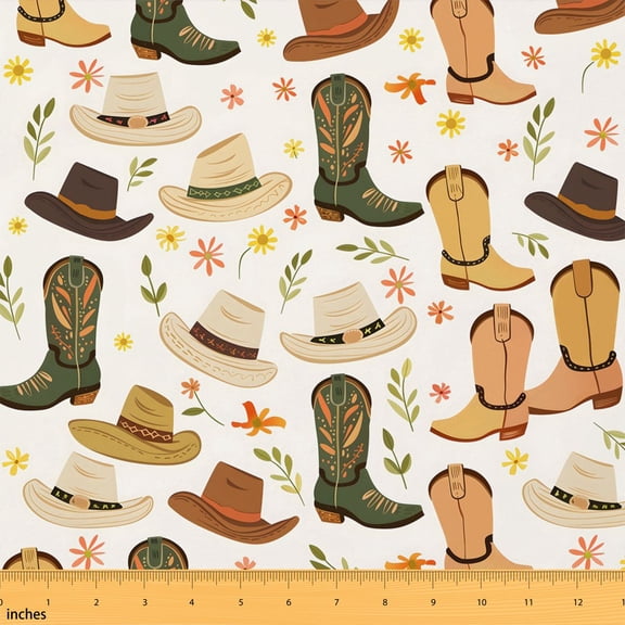 Manfei Southwestern Cowboy Fabric by the Yard 1 Yard, Retro Lodge Cabin Home Decor Fabric by the Yard, Off White