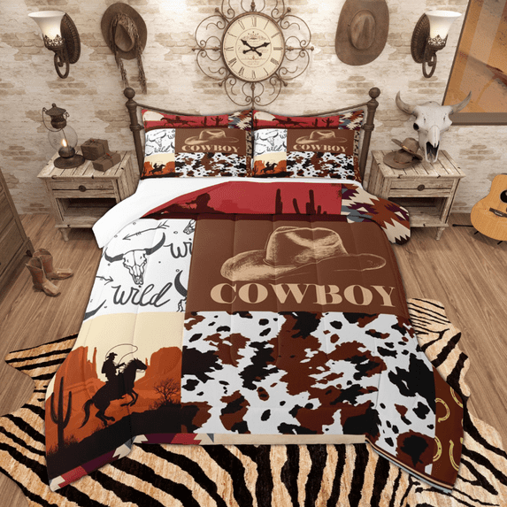Manfei Southwestern Cowboy Queen Comforter Set, Brown Cow Print Plaid Bedding Sets, Vintage Lodge Cabin Bedding Comforter Set, Lightweight Room Decor 3 Pieces
