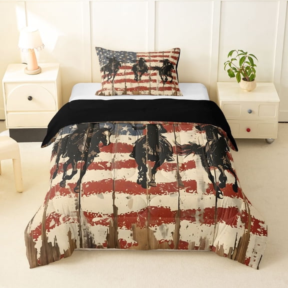 Manfei Southwestern Cowboy Twin Comforter Sets,Grunge American Flag Bedding Set,Black Reversible,2pcs,1 Comforter and 1 Pillowcase