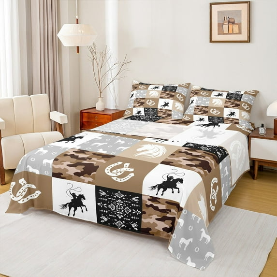 Manfei Southwestern Cowboy Twin Sheet Sets,Western Country Horse Twin Fitted Sheet,Brown Gray White Flat Sheet For Boys Children,Ultra Soft Home Decor,3-Piece