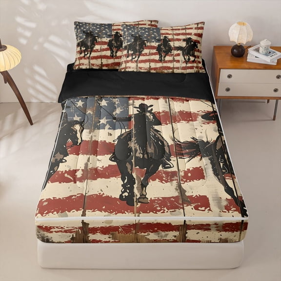 Manfei Southwestern Cowboy Zipper Twin Comforter Sets with Fitted Sheet and 2 Pillowcases,Grunge American Flag Zipper Bedding Set,Black Reversible,4pcs