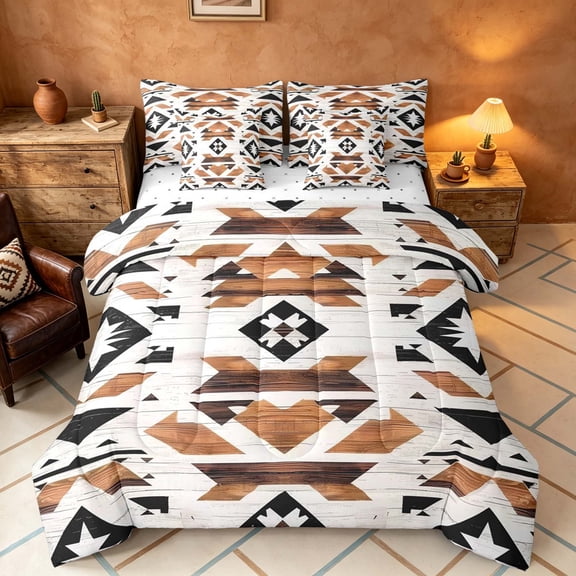 Manfei Southwestern Geometric Full Size Bedding Sets, Hippie Aztec Full Size Bed in a Bag, White Brown Black, Reversible 7 Pieces