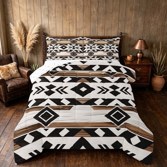 Manfei Southwestern Geometric Queen Comforter Set, Hippie Aztec Comforter Sets Queen, Black White Brown, Reversible 3 Pieces, 1 Comforter and 2 Pillowcases