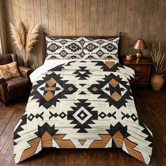 Manfei Southwestern Geometric Queen Comforter Set, Hippie Aztec Comforter Sets Queen, Brown, Black and White, Reversible 3-Piece, 1 Comforter and 2 Pillowcases