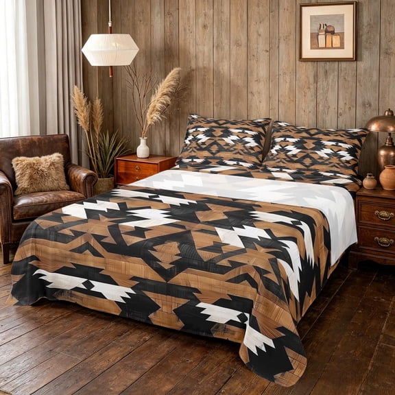 Manfei Southwestern Geometric Queen Sheets, Hippie Aztec Queen Sheet Sets, Brown Black White, Reversible 4pcs1 Flat Sheet + 1 Fitted Sheet + 2 Pillowcases