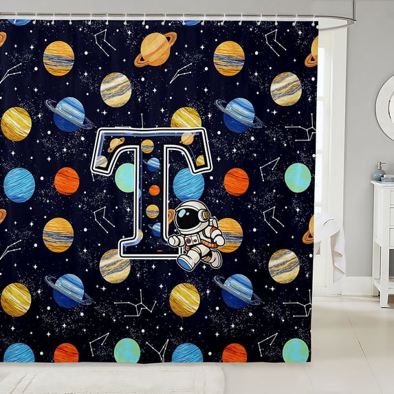 Manfei Space Astronaut Alphabet T Shower Curtain 72Wx78L,Stars Galaxy Bath Curtain,Dark Blue