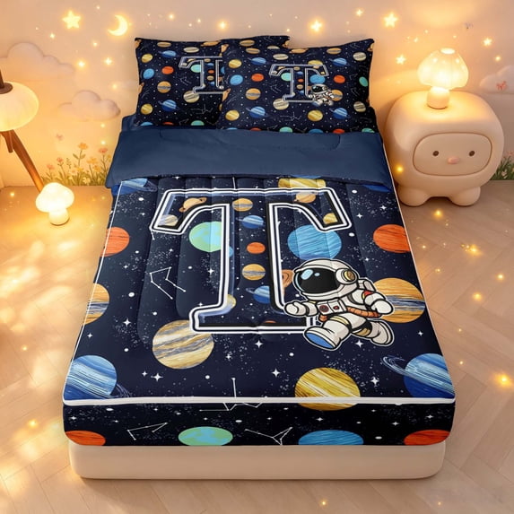 Manfei Space Astronaut Alphabet T Zipper Full Size Comforter Sets with Fitted Sheet and 2 Pillowcases,Stars Galaxy Zipper Bedding Set,Dark Blue,Navy Blue Reversible,4pcs