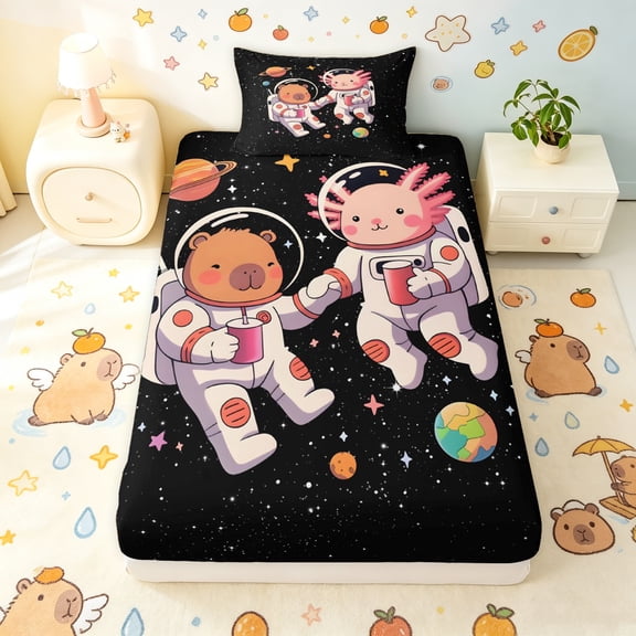 Manfei Space Astronaut Capybara Twin Fitted Sheet, Galaxy Animal Bedding, Black Tan, 2-Piece, 1 Fitted Sheet and 1 Pillowcase