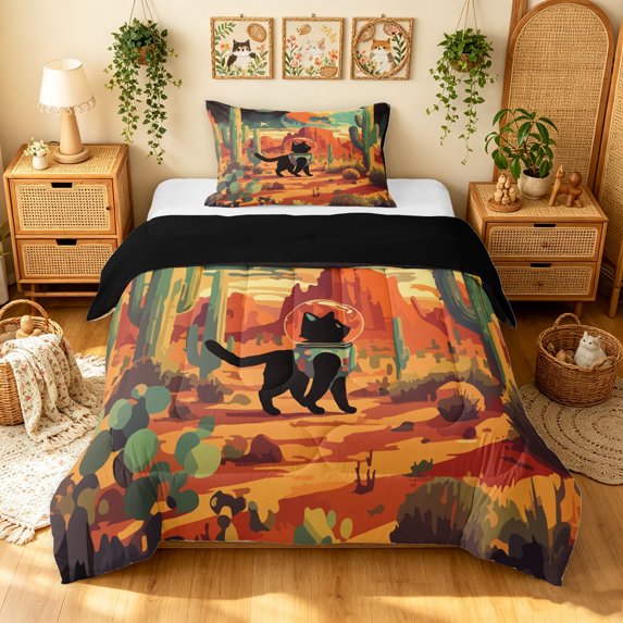 Manfei Space Astronaut Cat Twin Comforter Sets, Western Desert Cactus Bedding Set, Orange Teal, Black Reversible, 2 Pieces, 1 Comforter and 1 Pillowcase
