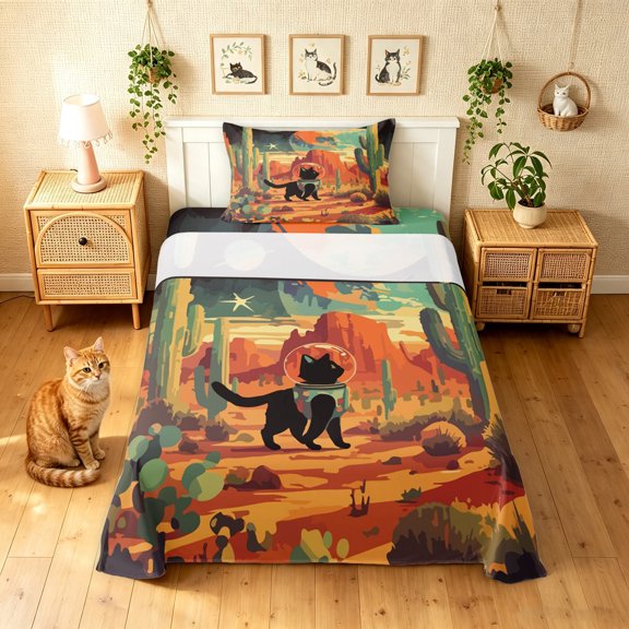 Manfei Space Astronaut Cat Twin Sheets, Western Desert Cactus Bedding, Orange Teal, 3 Pieces, 1 Flat Sheet, 1 Fitted Sheet and 1 Pillowcase