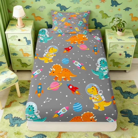 Manfei Space Astronaut Dino Animals Fitted Sheet Queen,Neon Stars Bedding,Gray Blue,3pcs,1 Fitted Sheet and 2 Pillowcases