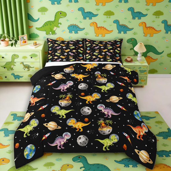 Manfei Space Astronaut Dino Animals Full Size Comforter Sets,Neon Stars Bedding Comforter Set,Black Yellow,Black Reversible,3pcs,1 Comforter and 2 Pillowcases