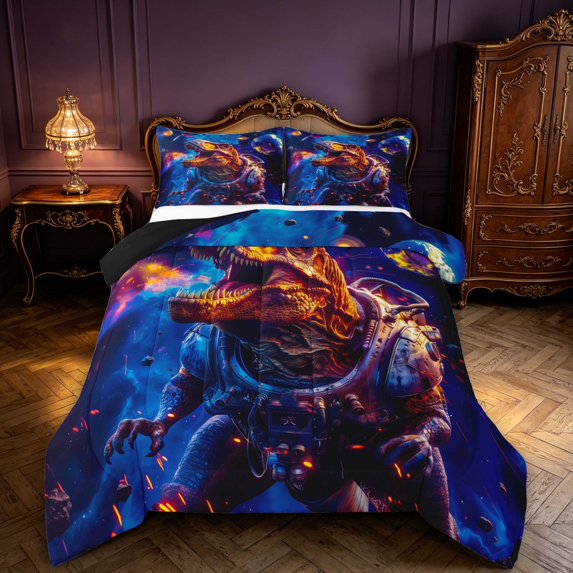 Manfei Space Astronaut Dino Animals Queen Comforter Set,Neon Cloud Stars Comforter Sets Queen,Blue Purple,Black Reversible,3pcs,1 Comforter and 2 Pillowcases