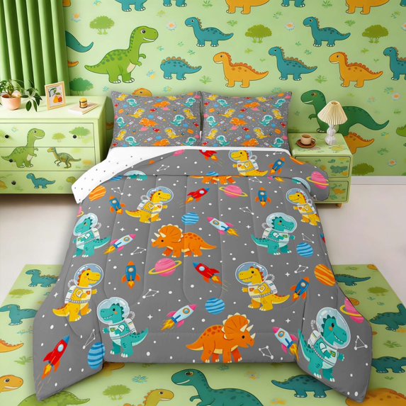 Manfei Space Astronaut Dino Animals Queen Comforter Set,Neon Stars Comforter Sets Queen,Gray Blue,Reversible,3pcs,1 Comforter and 2 Pillowcases