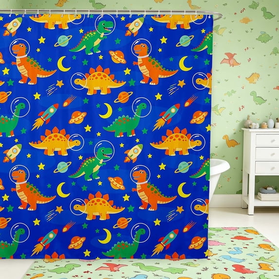 Manfei Space Astronaut Dino Animals Shower Curtain 72Wx78L,Neon Stars Moon Bath Curtain,Blue Green