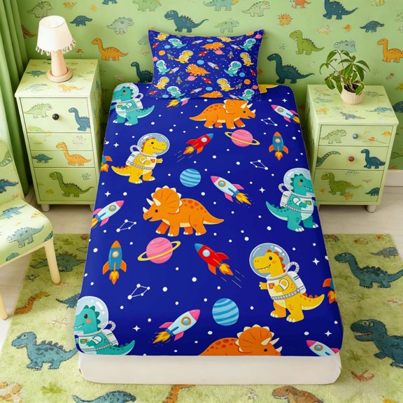 Manfei Space Astronaut Dino Wildlife Twin Fitted Sheet,Neon Stars Bedding,Blue Orange,2-Piece,1 Fitted Sheet and 1 Pillowcase
