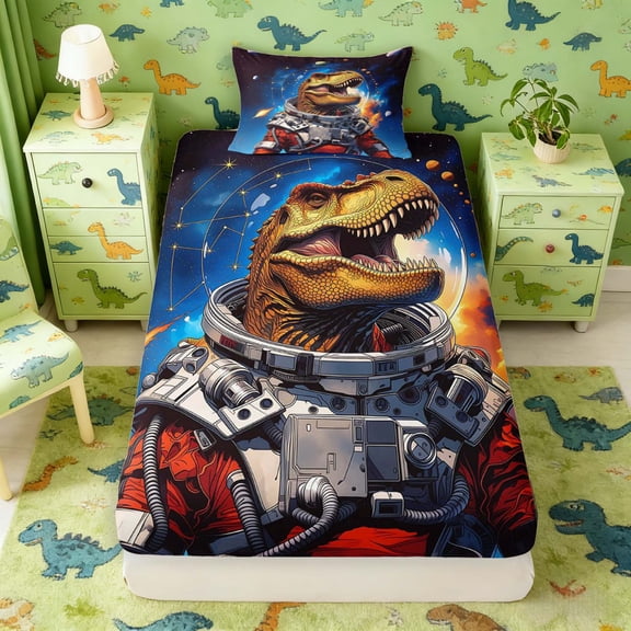 Manfei Space Astronaut Dinosaur Animals Fitted Sheet Full,Neon Stars Bed Set,Blue Red,3pcs,1 Fitted Sheet and 2 Pillowcases