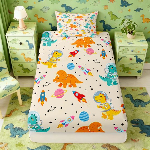 Manfei Space Astronaut Dinosaur Fitted Sheet Full,Neon Stars Bed Set,Yellow Blue,3pcs,1 Fitted Sheet and 2 Pillowcases
