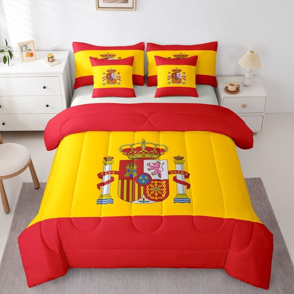 Manfei Spain Flag 7pcs Queen Bedding,Red Yellow Bedding Comforter Set Queen,Light Gray Reversible