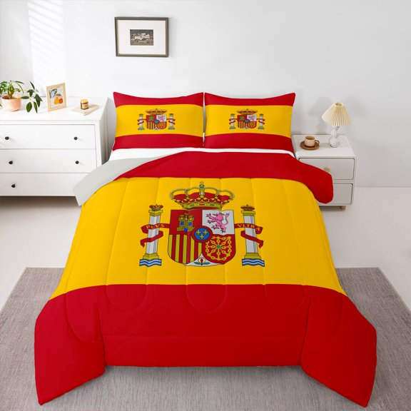 Manfei Spain Flag Full Size Comforter Sets,Red Yellow Bedding Comforter Set,Light Gray Reversible,3pcs,1 Comforter and 2 Pillowcases
