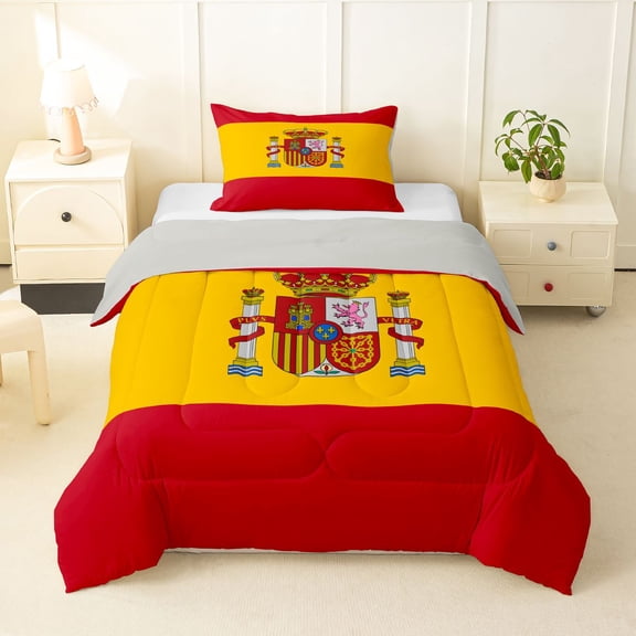 Manfei Spain Flag Twin Comforter Sets,Red Yellow Bedding Set,Light Gray Reversible,2 Pieces,1 Comforter and 1 Pillowcase