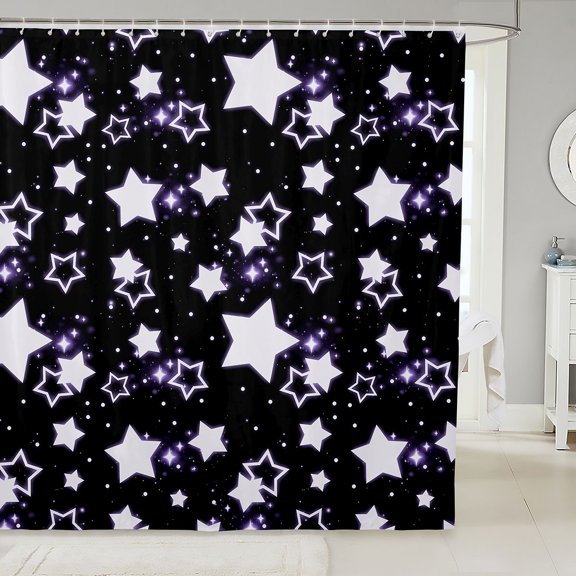 Manfei Sparkle Glowing Stars Print Shower Curtain 72Wx72L,Kawaii Cartoon Theme Bathroom Curtain,Black Purple