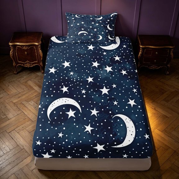 Manfei Sparkle Moon Stars Printed Twin Fitted Sheet,Cute Cartoon Themed Bedding,Navy White,2-Piece