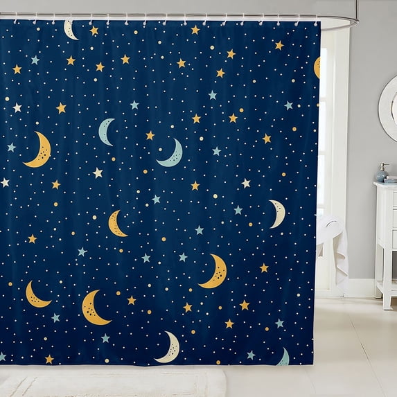 Manfei Sparkle Stars Print Shower Curtain 72Wx84L,Night Starry Sky Bathroom Shower Curtain,Navy Yellow