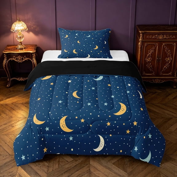 Manfei Sparkle Stars Print Twin Comforter Sets,Night Starry Sky Bedding Set,Navy Yellow,Black Reversible,2-Piece,1 Comforter and 1 Pillowcase